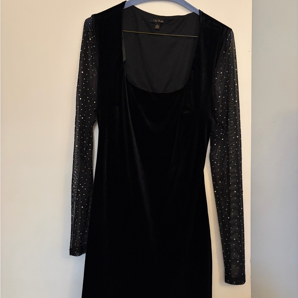 City Studio Black Dress with Embellished Sheer Sleeves